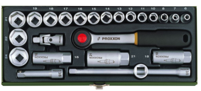Compact set with 3/8\'\' ratchet, for 6 - 24mm sockets, 24 pieces.