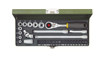 Precision engineer's 32-piece socket and screwdriver set With 1/4"-MICRO compact ratchet and socket with strong magnetic insert