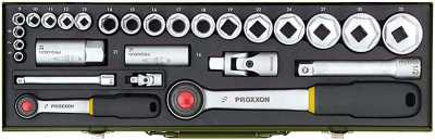 27-piece automotive socket set with 1/4" and 1/2" ratchets