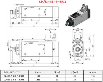 HF-Motor Teknomotor 0.40 kW | ER11 | 24,000 rpm | 230 V | COM24310054