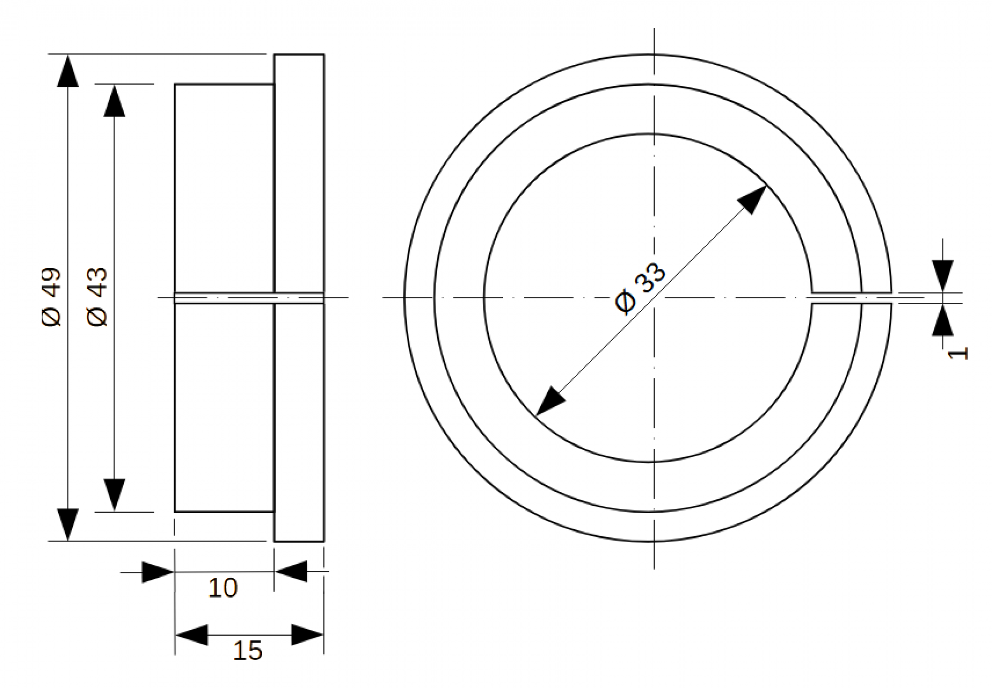 Clamping adapter flat from 43 mm to 33 mm