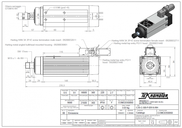 HF-Motor Teknomotor 0,6 kW | ER16 | 21.600 U/min | 230 V | COMC0350060