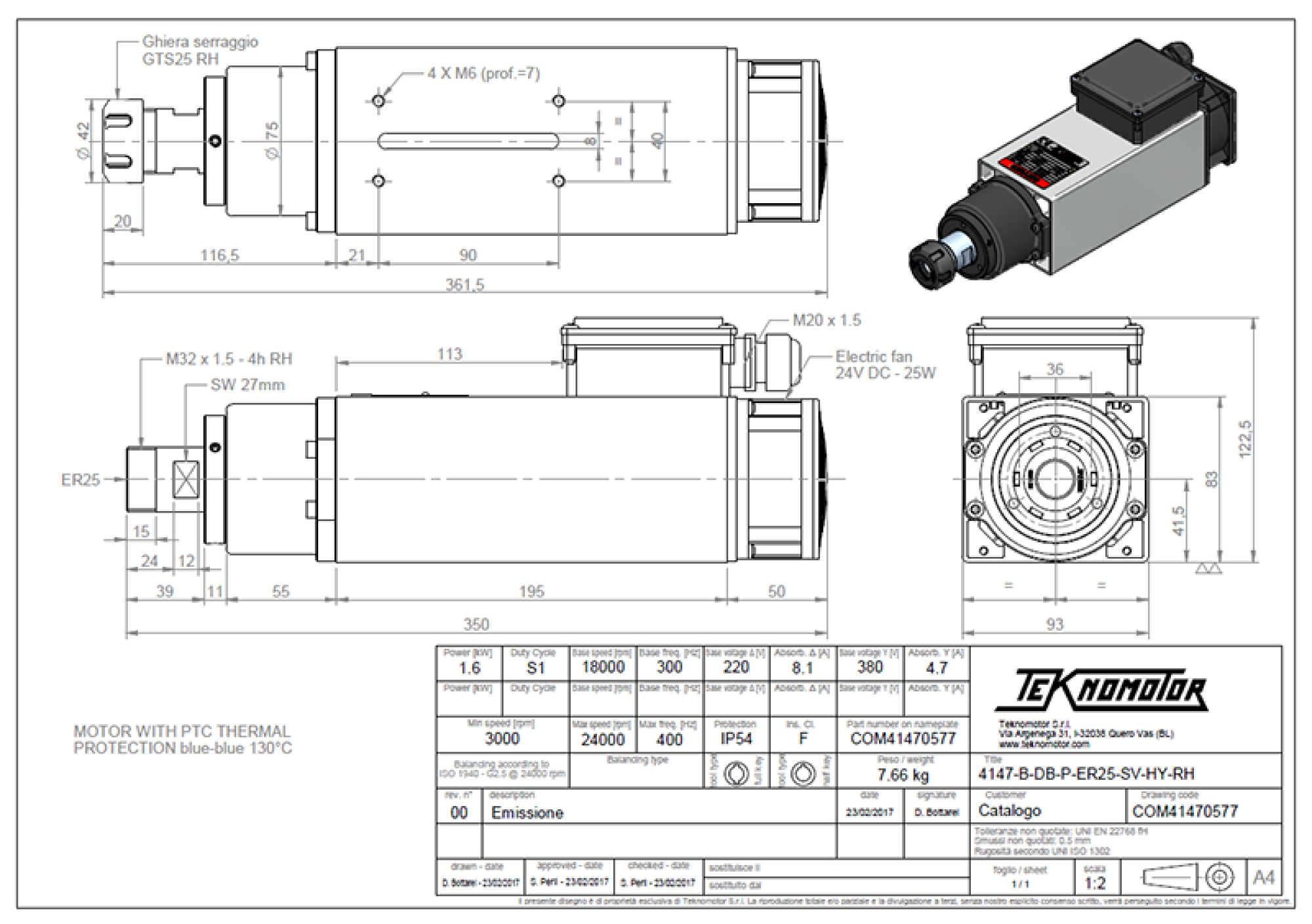 HF-Spindel Teknomotor E-Lüfter 1,6 kW | ER25 | 24.000 U/min | 230 V / 400 V | COM41470577